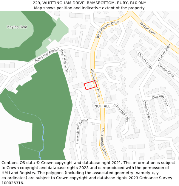 229, WHITTINGHAM DRIVE, RAMSBOTTOM, BURY, BL0 9NY: Location map and indicative extent of plot