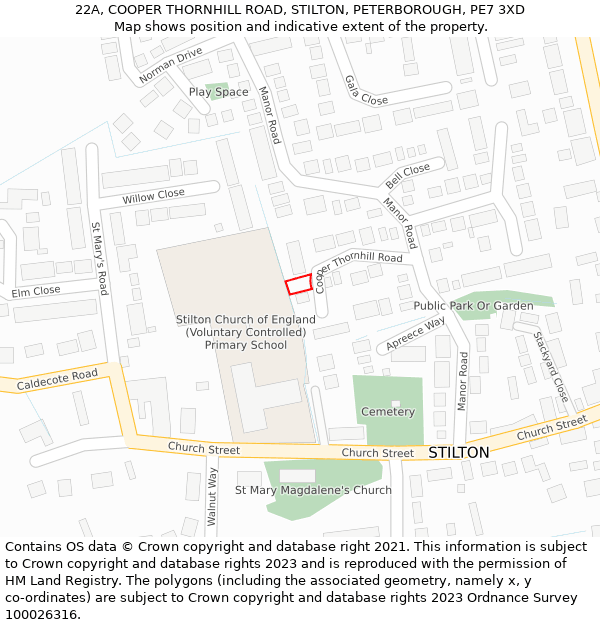 22A, COOPER THORNHILL ROAD, STILTON, PETERBOROUGH, PE7 3XD: Location map and indicative extent of plot