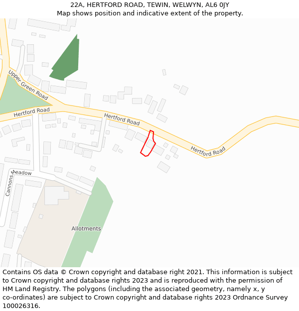22A, HERTFORD ROAD, TEWIN, WELWYN, AL6 0JY: Location map and indicative extent of plot