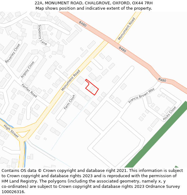 22A, MONUMENT ROAD, CHALGROVE, OXFORD, OX44 7RH: Location map and indicative extent of plot