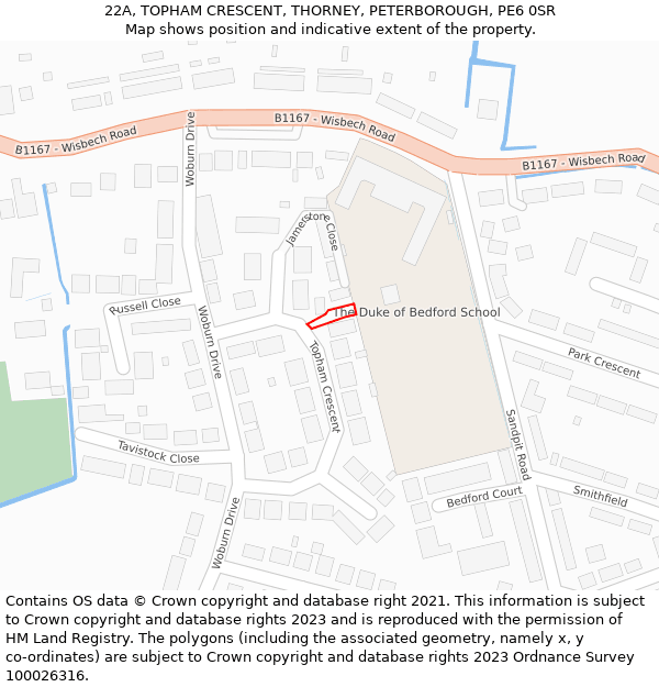 22A, TOPHAM CRESCENT, THORNEY, PETERBOROUGH, PE6 0SR: Location map and indicative extent of plot