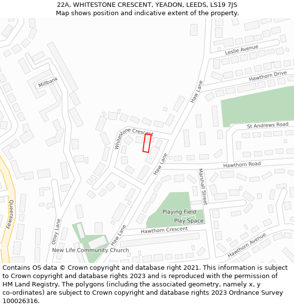 22A, WHITESTONE CRESCENT, YEADON, LEEDS, LS19 7JS: Location map and indicative extent of plot