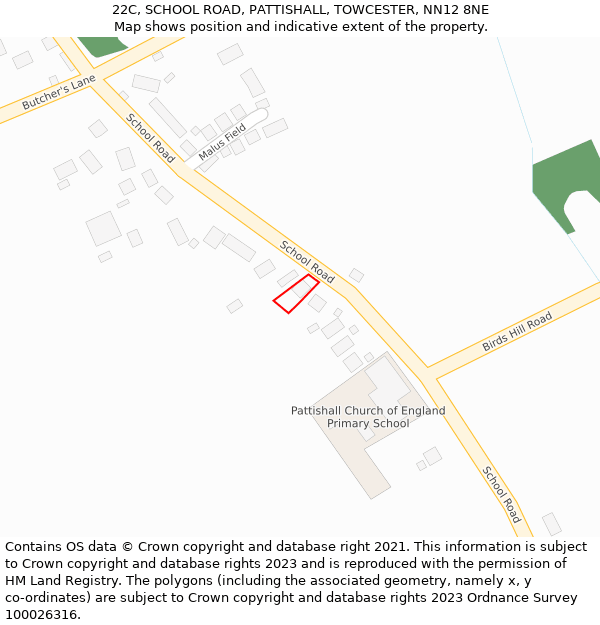 22C, SCHOOL ROAD, PATTISHALL, TOWCESTER, NN12 8NE: Location map and indicative extent of plot