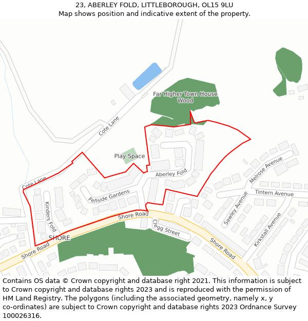 23, ABERLEY FOLD, LITTLEBOROUGH, OL15 9LU: Location map and indicative extent of plot