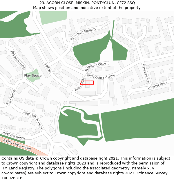 23, ACORN CLOSE, MISKIN, PONTYCLUN, CF72 8SQ: Location map and indicative extent of plot