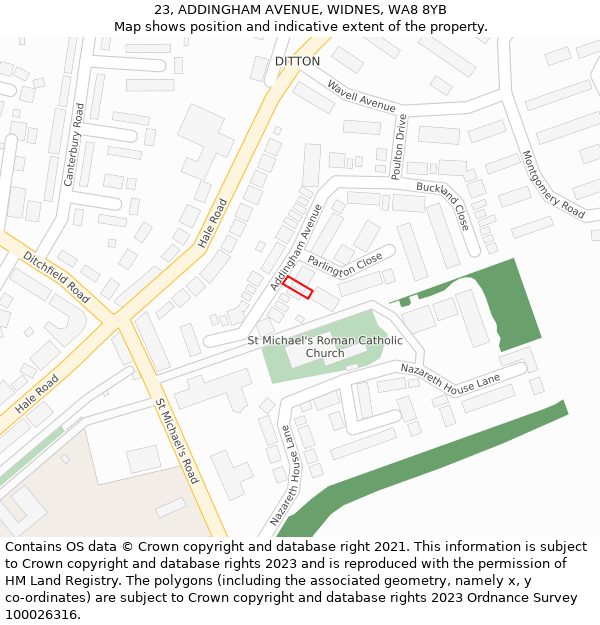 23, ADDINGHAM AVENUE, WIDNES, WA8 8YB: Location map and indicative extent of plot