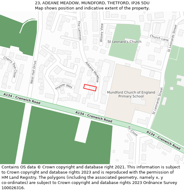 23, ADEANE MEADOW, MUNDFORD, THETFORD, IP26 5DU: Location map and indicative extent of plot