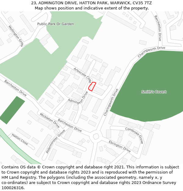 23, ADMINGTON DRIVE, HATTON PARK, WARWICK, CV35 7TZ: Location map and indicative extent of plot