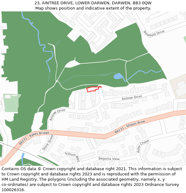 23, AINTREE DRIVE, LOWER DARWEN, DARWEN, BB3 0QW: Location map and indicative extent of plot