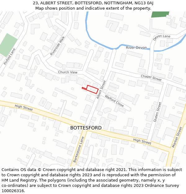 23, ALBERT STREET, BOTTESFORD, NOTTINGHAM, NG13 0AJ: Location map and indicative extent of plot