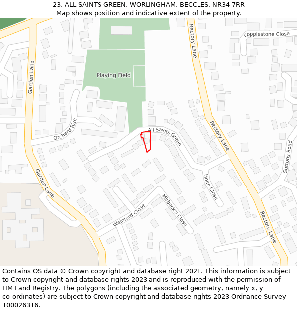 23, ALL SAINTS GREEN, WORLINGHAM, BECCLES, NR34 7RR: Location map and indicative extent of plot