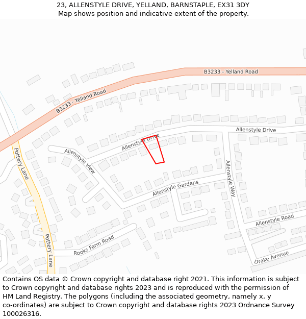 23, ALLENSTYLE DRIVE, YELLAND, BARNSTAPLE, EX31 3DY: Location map and indicative extent of plot