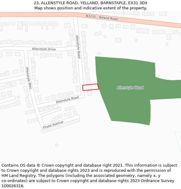 23, ALLENSTYLE ROAD, YELLAND, BARNSTAPLE, EX31 3DX: Location map and indicative extent of plot