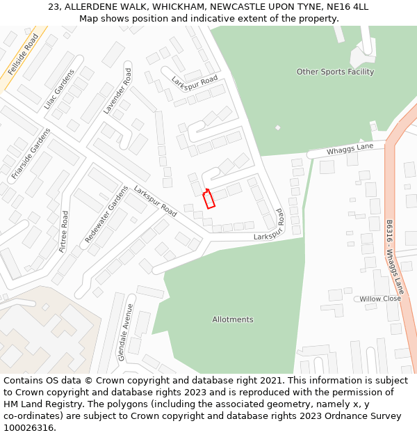 23, ALLERDENE WALK, WHICKHAM, NEWCASTLE UPON TYNE, NE16 4LL: Location map and indicative extent of plot