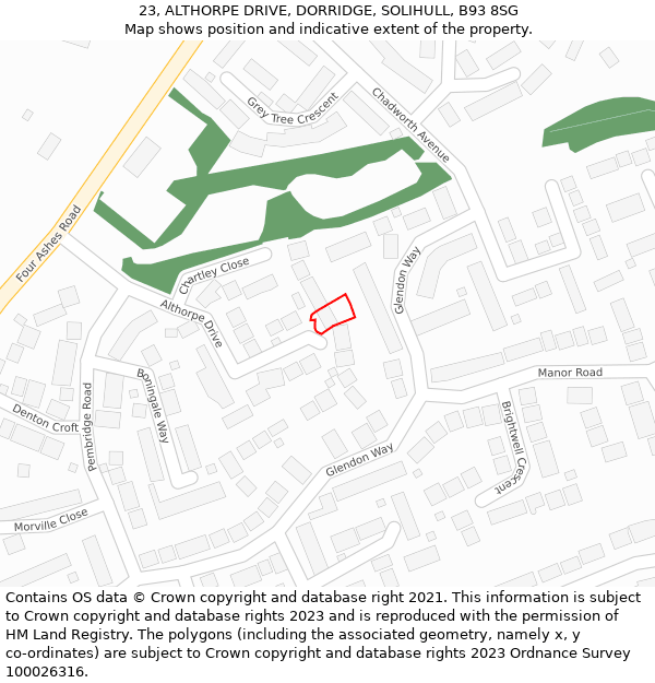 23, ALTHORPE DRIVE, DORRIDGE, SOLIHULL, B93 8SG: Location map and indicative extent of plot