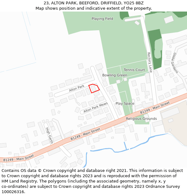 23, ALTON PARK, BEEFORD, DRIFFIELD, YO25 8BZ: Location map and indicative extent of plot