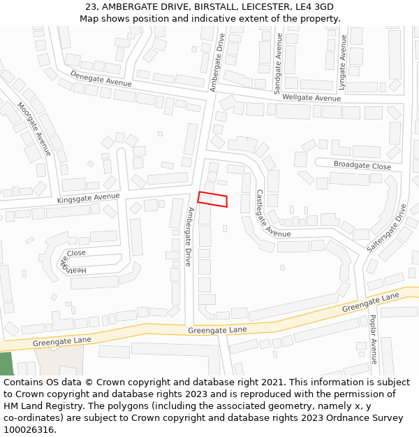 23, AMBERGATE DRIVE, BIRSTALL, LEICESTER, LE4 3GD: Location map and indicative extent of plot