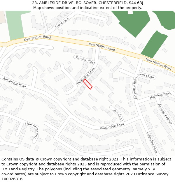 23, AMBLESIDE DRIVE, BOLSOVER, CHESTERFIELD, S44 6RJ: Location map and indicative extent of plot