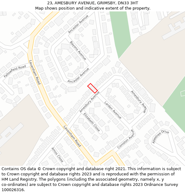 23, AMESBURY AVENUE, GRIMSBY, DN33 3HT: Location map and indicative extent of plot