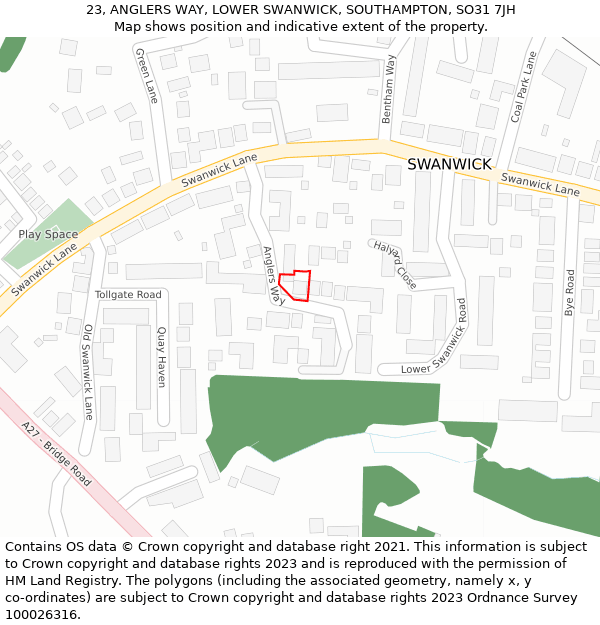 23, ANGLERS WAY, LOWER SWANWICK, SOUTHAMPTON, SO31 7JH: Location map and indicative extent of plot