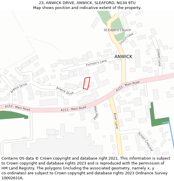 23, ANWICK DRIVE, ANWICK, SLEAFORD, NG34 9TU: Location map and indicative extent of plot