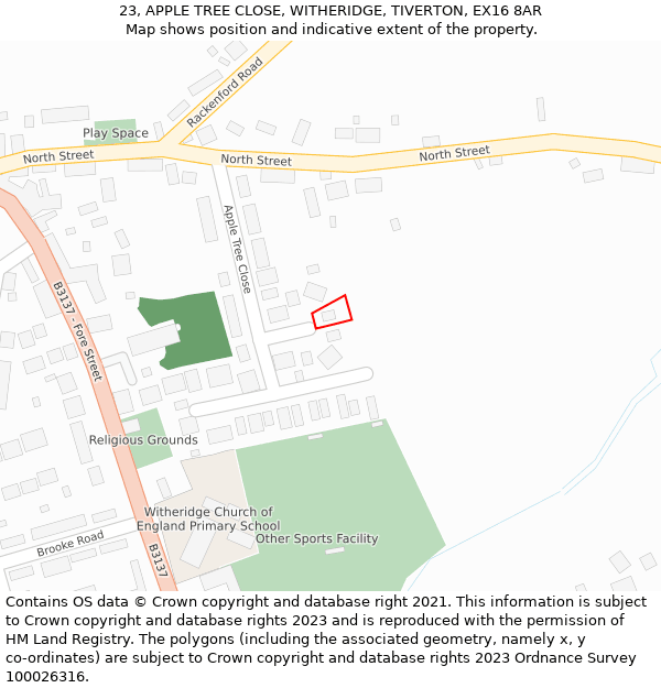 23, APPLE TREE CLOSE, WITHERIDGE, TIVERTON, EX16 8AR: Location map and indicative extent of plot