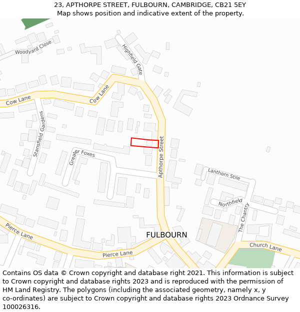 23, APTHORPE STREET, FULBOURN, CAMBRIDGE, CB21 5EY: Location map and indicative extent of plot