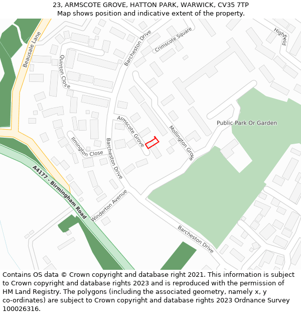 23, ARMSCOTE GROVE, HATTON PARK, WARWICK, CV35 7TP: Location map and indicative extent of plot