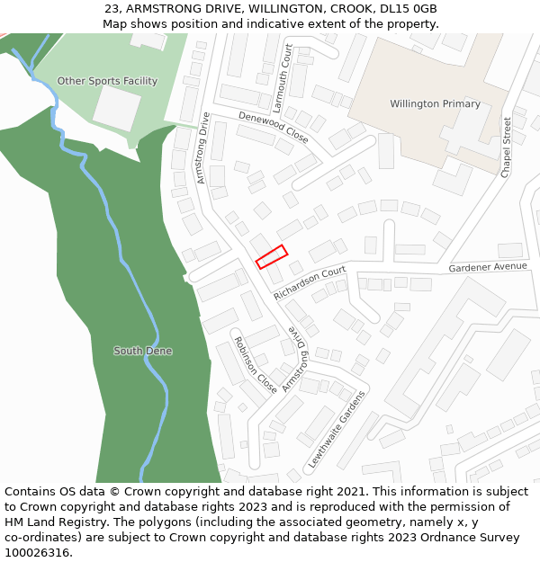 23, ARMSTRONG DRIVE, WILLINGTON, CROOK, DL15 0GB: Location map and indicative extent of plot