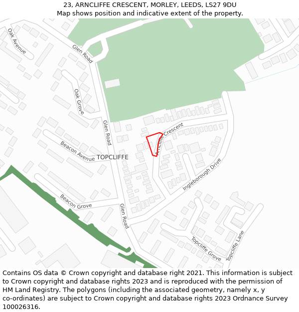 23, ARNCLIFFE CRESCENT, MORLEY, LEEDS, LS27 9DU: Location map and indicative extent of plot