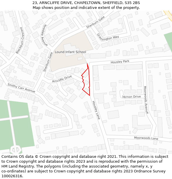 23, ARNCLIFFE DRIVE, CHAPELTOWN, SHEFFIELD, S35 2BS: Location map and indicative extent of plot