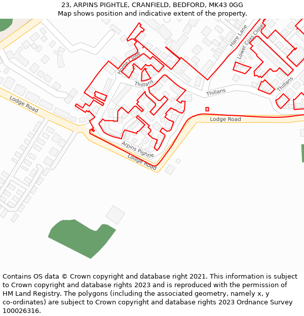 23, ARPINS PIGHTLE, CRANFIELD, BEDFORD, MK43 0GG: Location map and indicative extent of plot