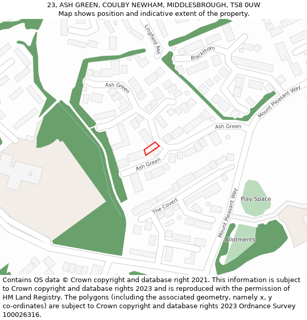 23, ASH GREEN, COULBY NEWHAM, MIDDLESBROUGH, TS8 0UW: Location map and indicative extent of plot