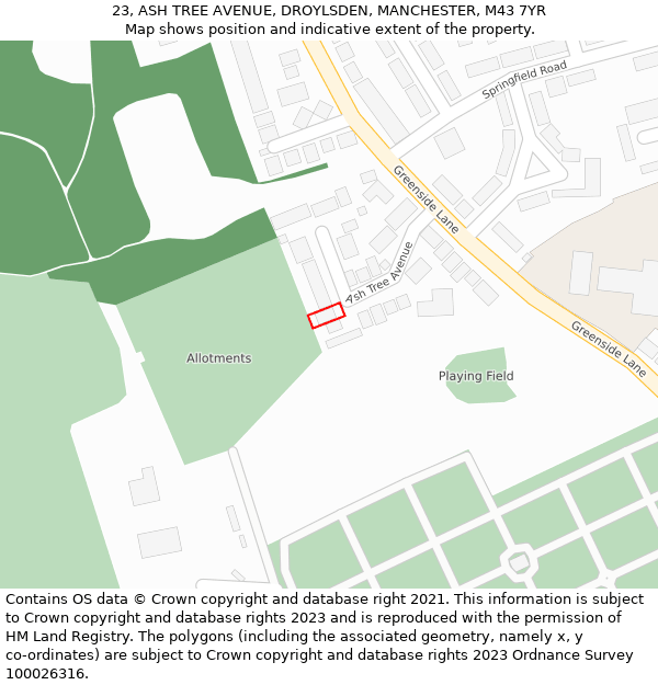 23, ASH TREE AVENUE, DROYLSDEN, MANCHESTER, M43 7YR: Location map and indicative extent of plot
