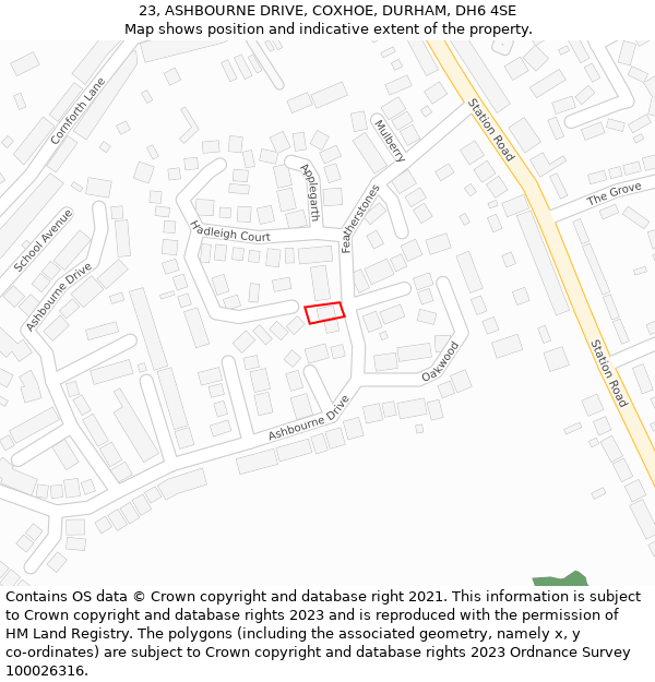 23, ASHBOURNE DRIVE, COXHOE, DURHAM, DH6 4SE: Location map and indicative extent of plot