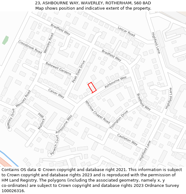 23, ASHBOURNE WAY, WAVERLEY, ROTHERHAM, S60 8AD: Location map and indicative extent of plot