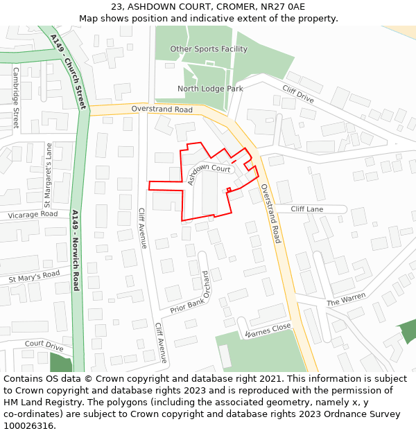 23, ASHDOWN COURT, CROMER, NR27 0AE: Location map and indicative extent of plot