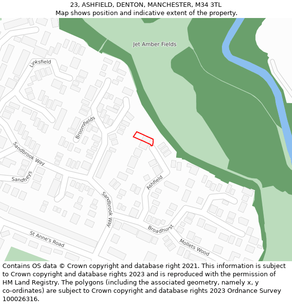 23, ASHFIELD, DENTON, MANCHESTER, M34 3TL: Location map and indicative extent of plot