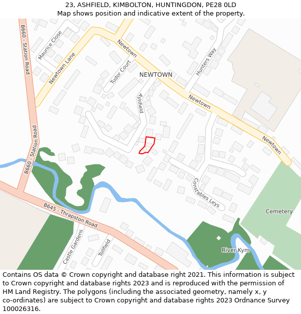 23, ASHFIELD, KIMBOLTON, HUNTINGDON, PE28 0LD: Location map and indicative extent of plot