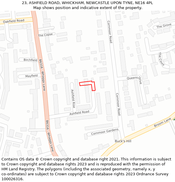 23, ASHFIELD ROAD, WHICKHAM, NEWCASTLE UPON TYNE, NE16 4PL: Location map and indicative extent of plot