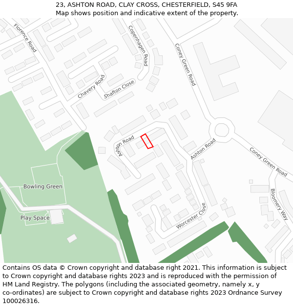 23, ASHTON ROAD, CLAY CROSS, CHESTERFIELD, S45 9FA: Location map and indicative extent of plot