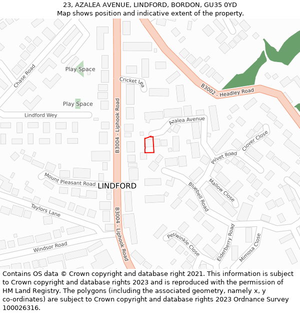 23, AZALEA AVENUE, LINDFORD, BORDON, GU35 0YD: Location map and indicative extent of plot