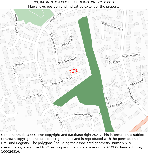 23, BADMINTON CLOSE, BRIDLINGTON, YO16 6GD: Location map and indicative extent of plot