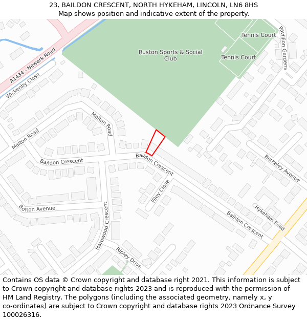 23, BAILDON CRESCENT, NORTH HYKEHAM, LINCOLN, LN6 8HS: Location map and indicative extent of plot