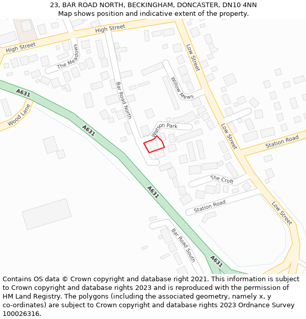 23, BAR ROAD NORTH, BECKINGHAM, DONCASTER, DN10 4NN: Location map and indicative extent of plot