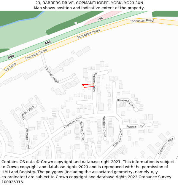 23, BARBERS DRIVE, COPMANTHORPE, YORK, YO23 3XN: Location map and indicative extent of plot