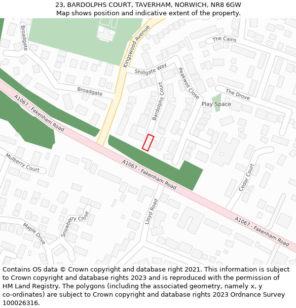 23, BARDOLPHS COURT, TAVERHAM, NORWICH, NR8 6GW: Location map and indicative extent of plot