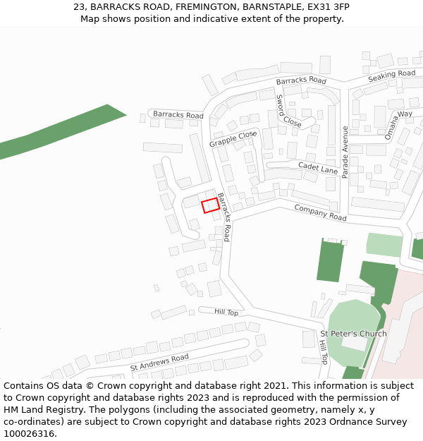 23, BARRACKS ROAD, FREMINGTON, BARNSTAPLE, EX31 3FP: Location map and indicative extent of plot