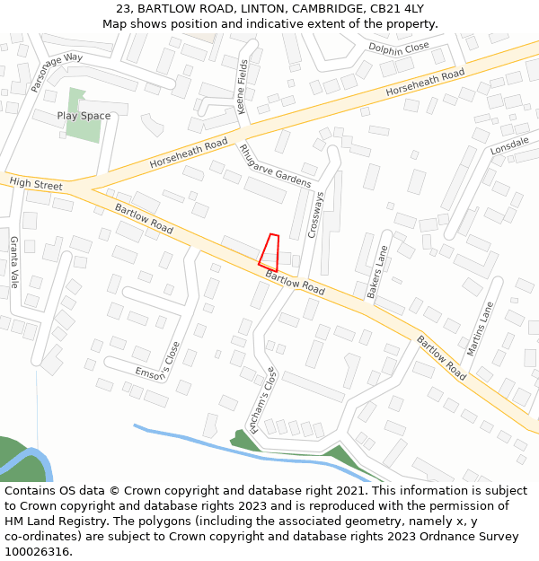 23, BARTLOW ROAD, LINTON, CAMBRIDGE, CB21 4LY: Location map and indicative extent of plot