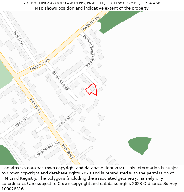 23, BATTINGSWOOD GARDENS, NAPHILL, HIGH WYCOMBE, HP14 4SR: Location map and indicative extent of plot